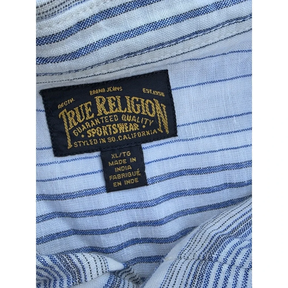 True Religion Shirt Mens XL Blue White Striped Button Up Long Sleeve Linen